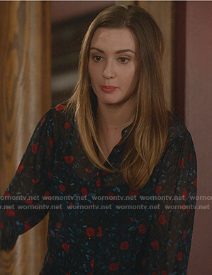 Joy’s navy floral blouse on Good Witch