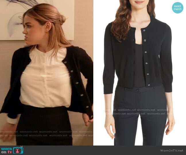 Kate Spade Jewel Button Crop Cardigan worn by Lucy Neal (Lucy Hale) on A Nice Girl Like You (2020)