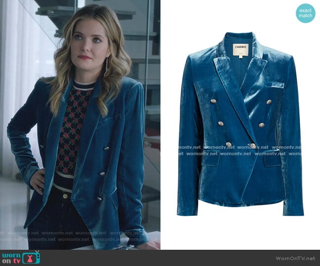 Kenzie Velvet Blazer by L'Agence worn by Sutton (Meghann Fahy) on The Bold Type