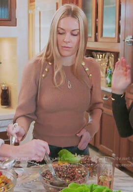Leah's beige puff sleeve button sweater on The Real Housewives of New York City