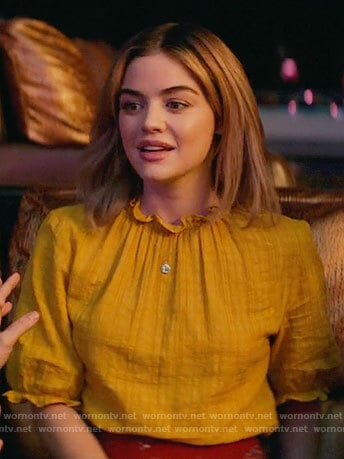 Lucy's yellow ruffled neck top on A Nice Girl Like You