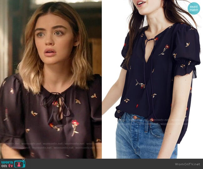 Madewell Embroidered Zephyr Ruffle Sleeve Top worn by Lucy Neal (Lucy Hale) on A Nice Girl Like You (2020)