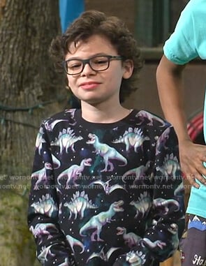 Matteo's black dinosaur print sweatshirt on Bunkd