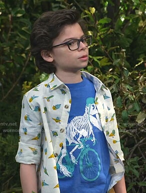 Matteo's blue dinosaur print tee and shirt on Bunkd