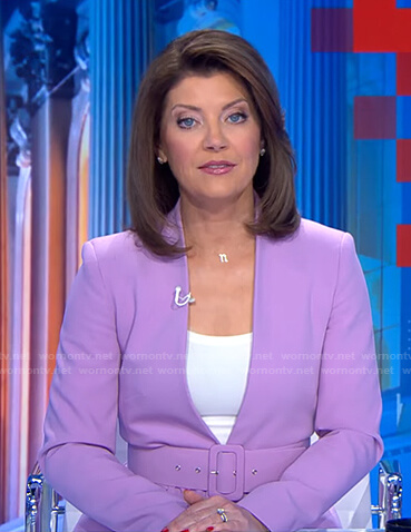 Norah’s lilac lapelless jacket and pants on CBS Evening News