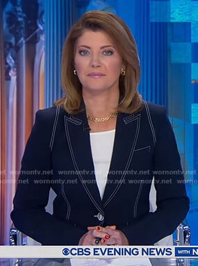 Norah’s navy blazer with white stitching on CBS Evening News