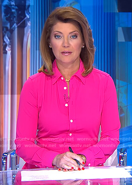 Norah’s pink belted shirtdress on CBS Evening News