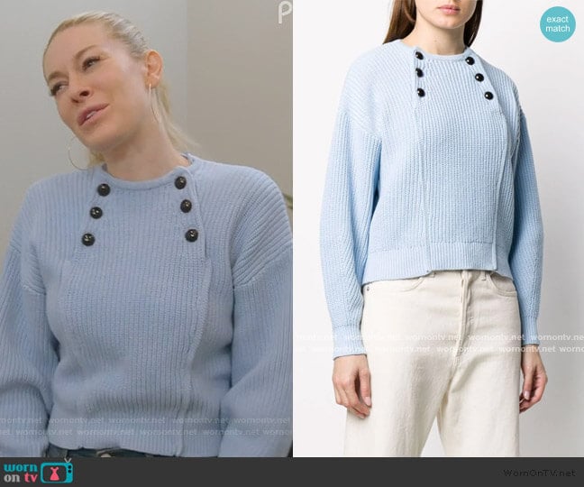 Natalie buttoned-bib sweater by Rebecca Minkoff worn by Leah McSweeney on The Real Housewives of New York City