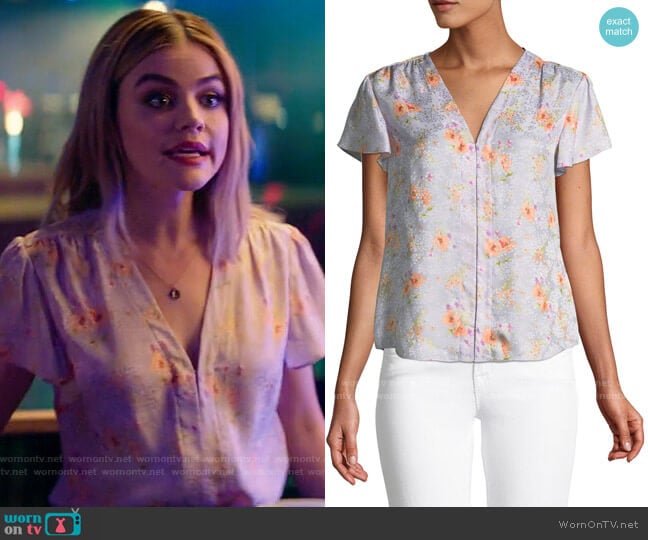 Rebecca Taylor Emilia Floral Silk Hook-Front Top worn by Lucy Neal (Lucy Hale) on A Nice Girl Like You (2020)