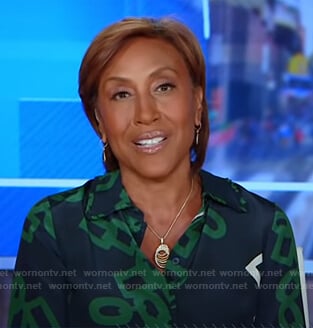 Robin’s navy and green link print blouse on Good Morning America