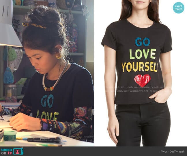 Rylyn Go Love Yourself Sparkle Tee by Alice + Olivia worn by Claudia Kishi (Momona Tamada) on The Baby-Sitters Club