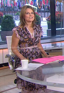 WornOnTV: Savannah’s black and purple floral ruffle dress on Today ...