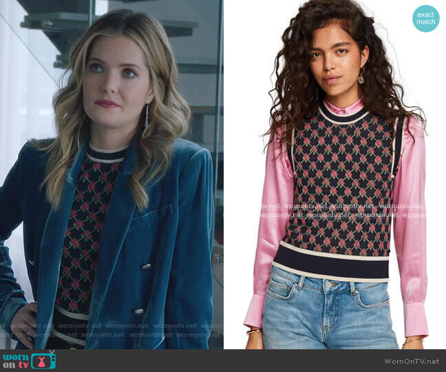 Knitted Vest Allover Graphic Pattern Combo N by Scotch & Soda worn by Sutton (Meghann Fahy) on The Bold Type