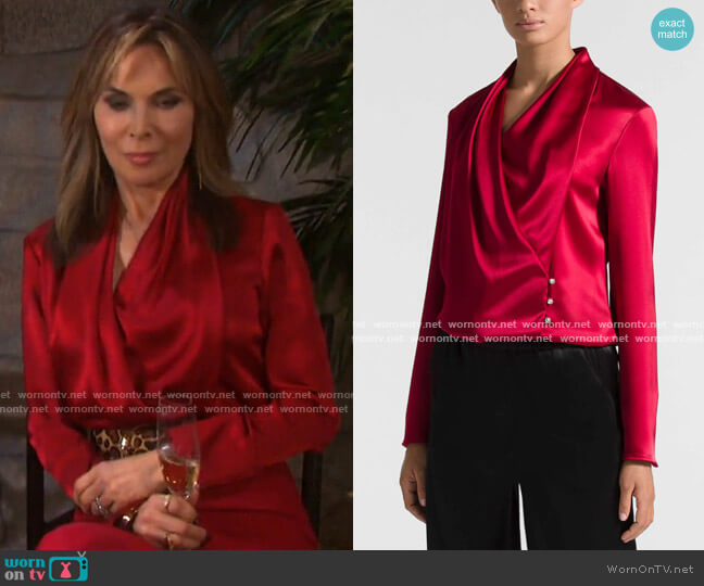 Satin Cowl Neck Wrap Blouse by St. John worn by Kate Roberts (Lauren Koslow) on Days of our Lives