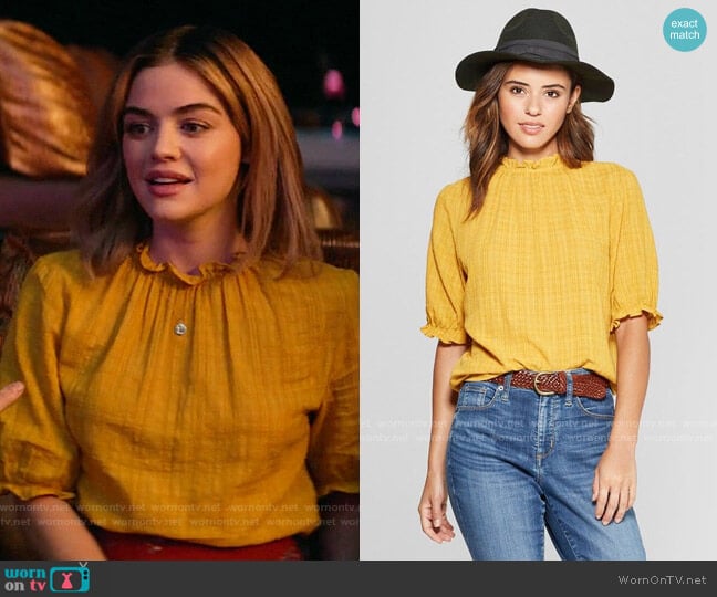 Target Universal Thread Short Sleeve High Neck Ruffle Blouse worn by Lucy Neal (Lucy Hale) on A Nice Girl Like You (2020)