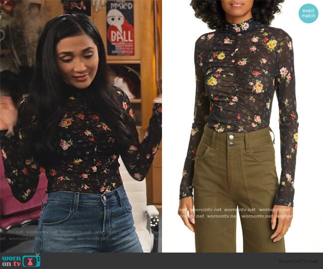 Kanu Ruched Floral Print Mesh Top by Veronica Beard worn by Hina Abdullah on The Expanding Universe of Ashley Garcia worn by Ava Germaine (Chelsea Kane) on The Expanding Universe of Ashley Garcia