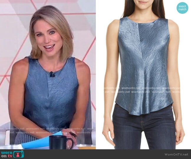 Bias Curve Hem Satin Textured Tank Top by Vince worn by Amy Robach on Good Morning America