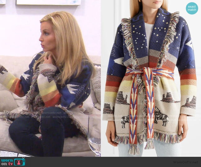 Fringed Embroidered Cashmere-Jacquard Cardigan by Alanui worn by Camille Grammer  on The Real Housewives of Beverly Hills