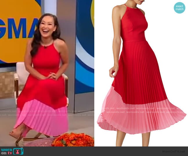 WornOnTV Eva Pilgrim s red and pink colorblock pleated dress on