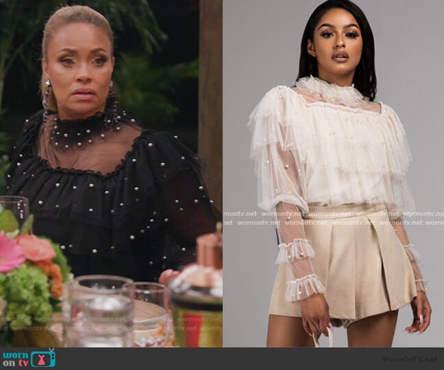 Oh The Drama Sheer Blouse by Akira worn by Gizelle Bryant on The Real Housewives of Potomac