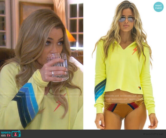 Bolt Stitch Chevron Split Neck Pullover Crop Hoodie Sweatshirts by Aviator Nation worn by Denise Richards on The Real Housewives of Beverly Hills