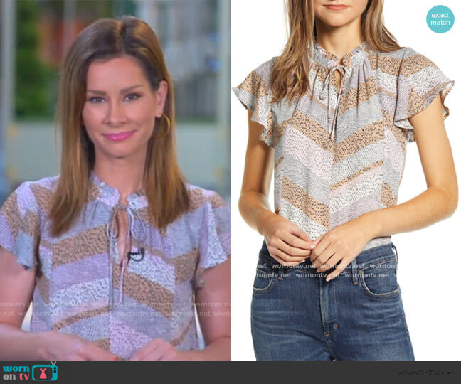 Print Tie Neck Flutter Sleeve Top by Bobeau worn by Rebecca Jarvis  on Good Morning America