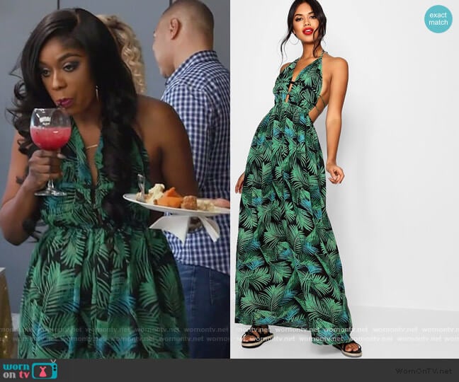 Plunge Front Palm Print Maxi Dress by Boohoo worn by Wendy Osefo on The Real Housewives of Potomac