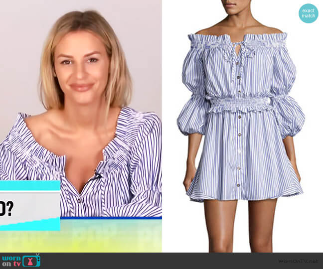 Peasant Striped Off-the-Shoulder High-Low Dress by Caroline Constas worn by Morgan Stewart on E! News