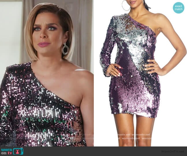 Sophie Sequin One-Shoulder Mini Dress by Dress the Population worn by Robyn Dixon on The Real Housewives of Potomac