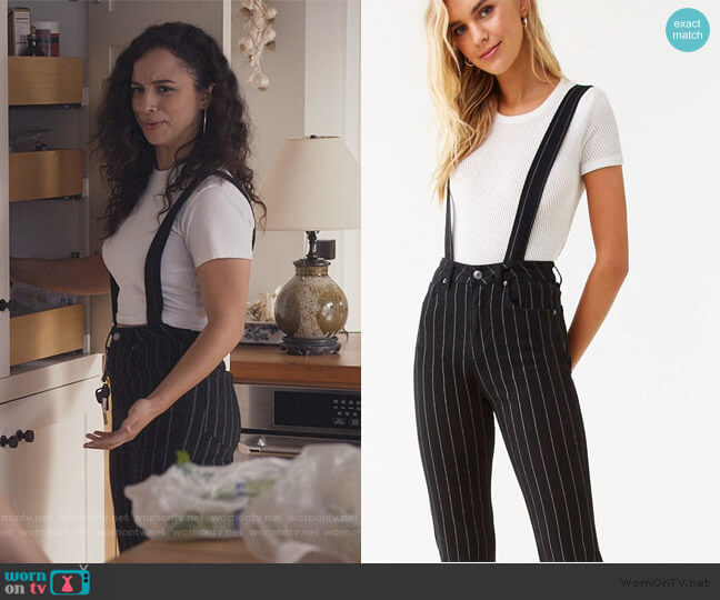 Black Pinstripe Overalls by Forever 21 worn by Moe Truax (Kiana Madeira) on Trinkets