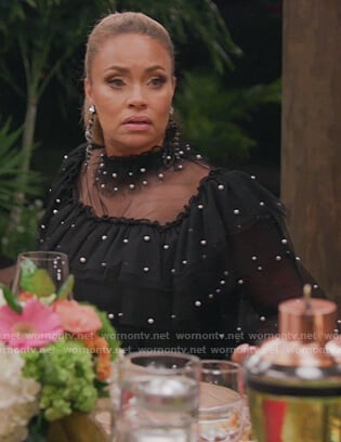 Gizelle’s black tulle pearl embellished top on The Real Housewives of Potomac