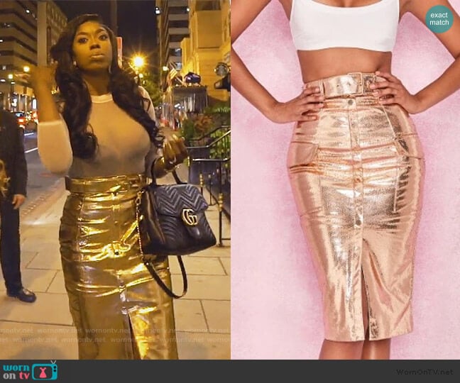 Gold Metalic Vegan Leather Skirt by House of CB worn by Wendy Osefo on The Real Housewives of Potomac