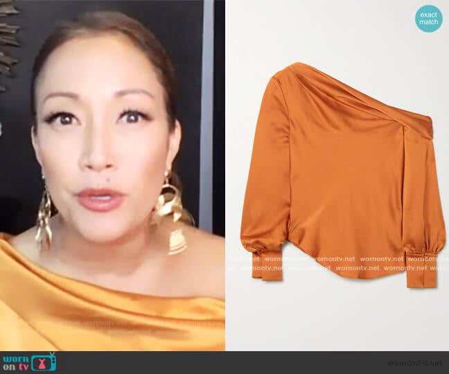 Alice draped one-shoulder satin blouse by Jonathan Simkhai worn by Carrie Inaba on The Talk