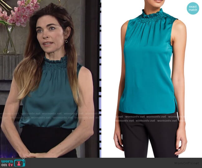 Remi Sleeveless Ruffled Silk Blend Top by Kobi Halperin worn by Victoria Newman (Amelia Heinle) on The Young and the Restless