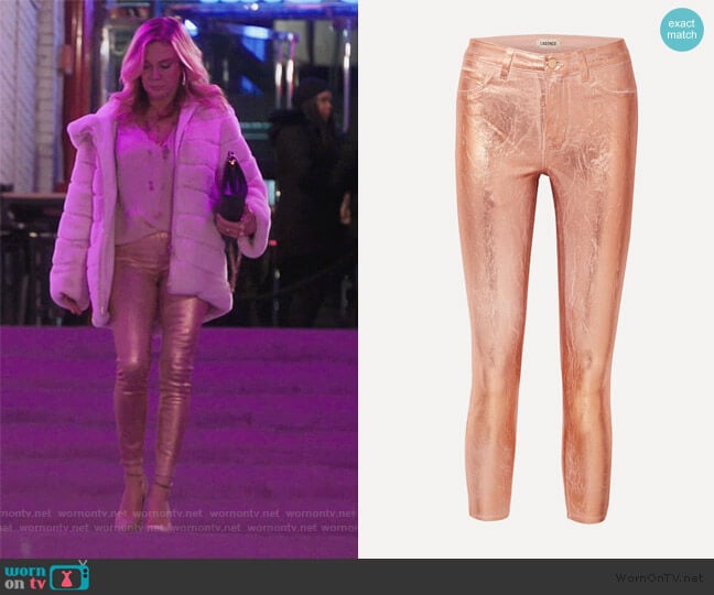 Margot metallic coated high-rise skinny jeans by L'agence worn by Ramona Singer on The Real Housewives of New York City