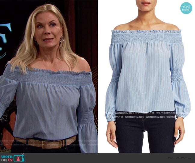 Mona Stripe Silk Off-The-Shoulder Blouse by L'Agence worn by Brooke Logan (Katherine Kelly Lang) on The Bold and the Beautiful