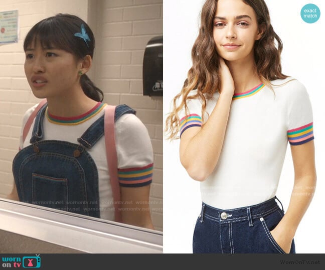 Multicolor Striped-Trim Knit Top by Forever 21 worn by Rachelle Cohen-Strauss (Haley Tju) on Trinkets