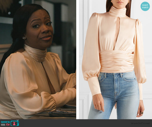 Night Out open-back ruched satin blouse by  Orseund Irus worn by kandi burruss on The Chi