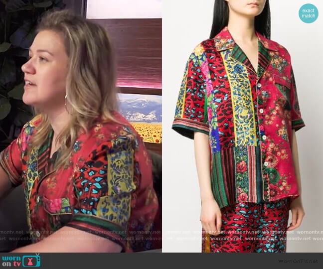 Aloeuw mixed-print silk shirt by Pierre-Louis Mascia worn by Kelly Clarkson on The Kelly Clarkson Show