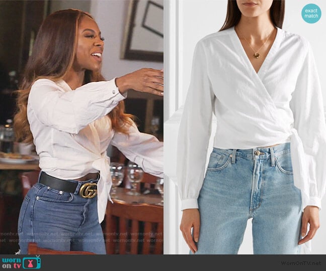 Prescot cotton and linen-blend wrap top by Rag and Bone worn by Candiace Dillard Bassett  on The Real Housewives of Potomac
