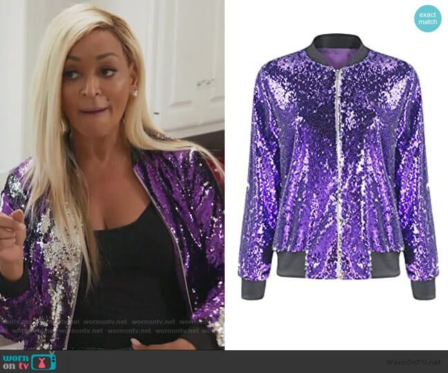 Sparkle Mermaid Sequin Long Sleeve Zipper Front Bomber Jacket by Asmax worn by Karen Huger on The Real Housewives of Potomac