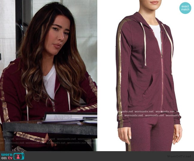 Metallic Side-Stripe Hooded Jacket by Sundry worn by Steffy Forrester (Jacqueline MacInnes Wood) on The Bold and the Beautiful