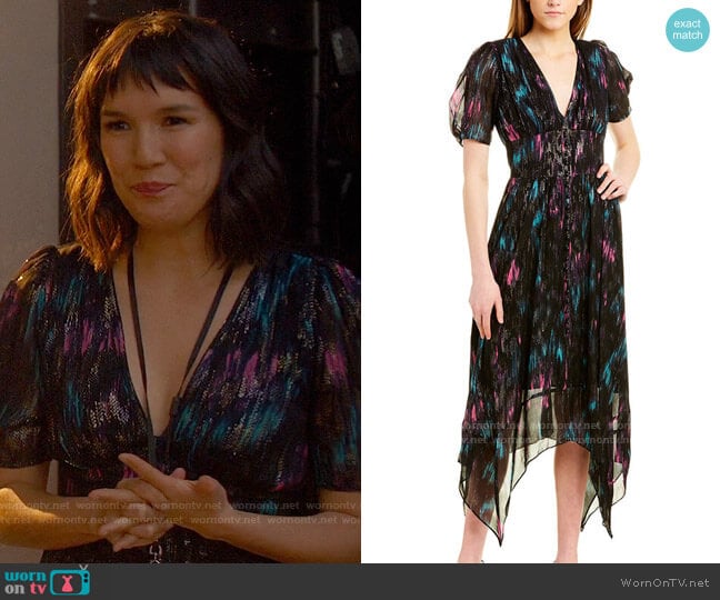 The Kooples Floral-Print Metallic Dress worn by Katie (Zoe Chao) on The High Note