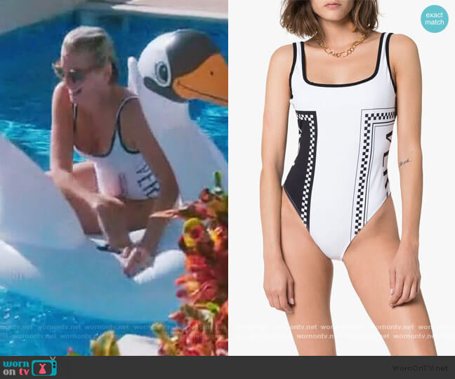 logo printed swimsuit by Versace worn by Dorinda Medley  on The Real Housewives of New York City