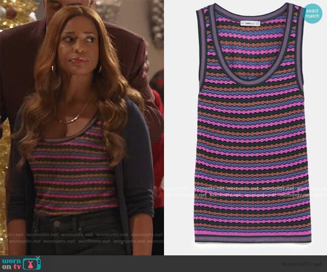 Multicolored stripe knit top by Zara worn by Poppy (Kimrie Lewis) on Single Parents