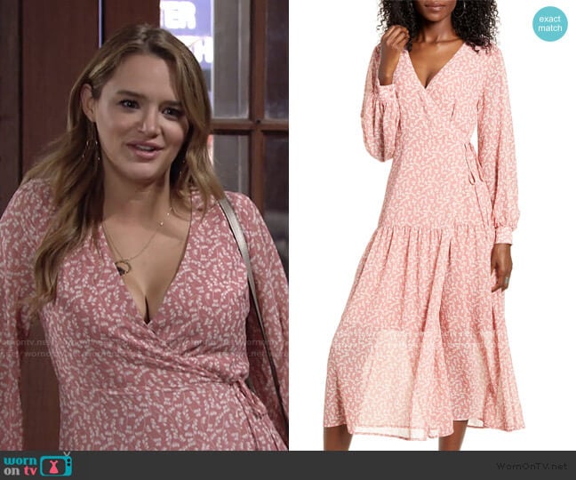 Print Long Sleeve Faux Wrap Midi Dress by All in Favor worn by Summer Newman (Hunter King) on The Young and the Restless