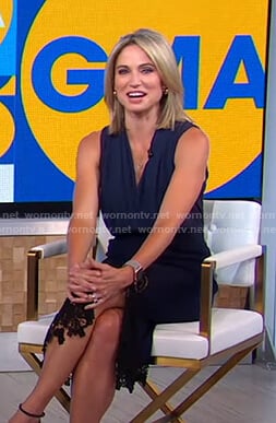 Amy’s navy sleeveless wrap top and lace skirt on Good Morning America