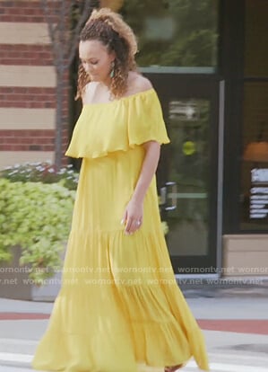 Ashley’s yellow off shoulder maxi dress on The Real Housewives of Potomac