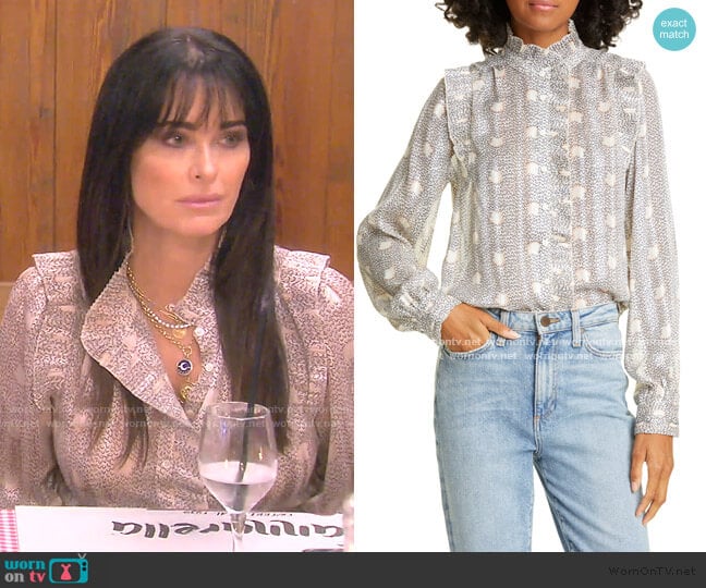 Precious Pleated Ruffle Detail Long Sleeve Blouse by Ba&Sh worn by Kyle Richards on The Real Housewives of Beverly Hills