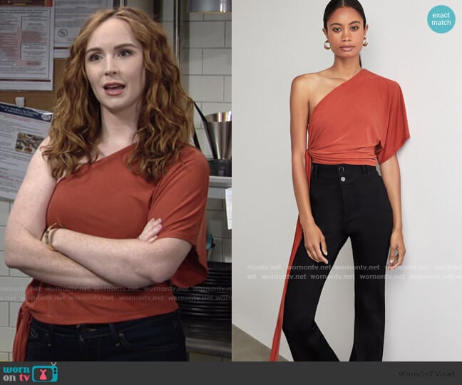 One Shoulder Tie Front Bodysuit by Bcbgmaxazria worn by Mariah Copeland (Camryn Grimes) on The Young and the Restless